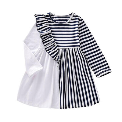 

Autumn Girls Dress Kids Ruffle Splicing Stripe O-neck Long Sleeve Dresses