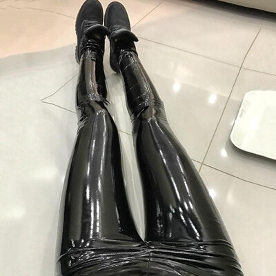 

Women Leggings Solid PU Leather Wet Look Zipper Fly Elastic High Waist Skinny Pencil Cool Streetwear