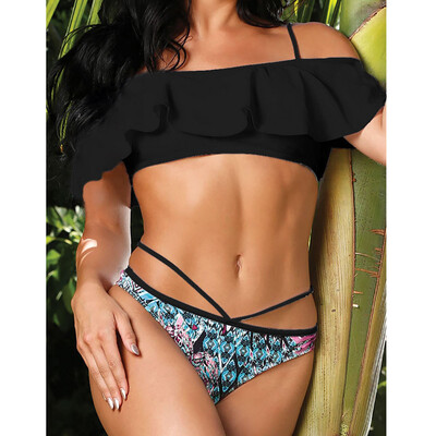 

Saidsome Women Off Shoulder Printed Bikini Set Push-Up Padded Bathing Swimwear Swimsuit