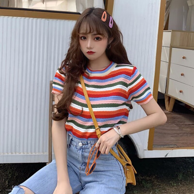 

Korean Striped T-Shirt Round Neck Slim Fashion Shirt Woman Knit Short Sleeve Sweet Tees Girls