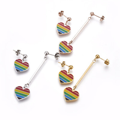 

304 Stainless Steel Stud Earrings with Enamel Heart Mixed Color 22mm&57mm Pin 06mm