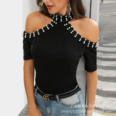 

2019 Europe&the United States Amazon wish stand new ladies cold shoulder beaded detail shirt factory direct sales black