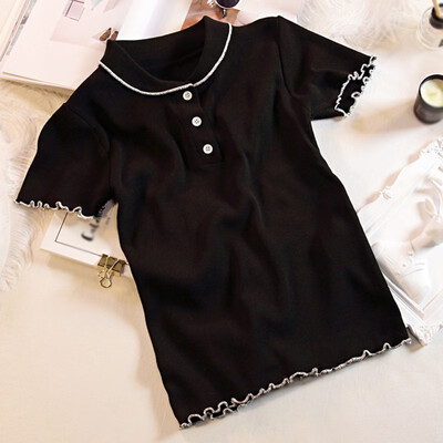 

Korean Style Solid Color button Turn Collar Neck Short-sleeved T-shirts Simple Casual Womens Knitted Tops