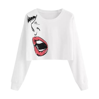 

Lips Print Sweatershirt Women Long Sleeve T-shirt Pullover Round Neck Tops