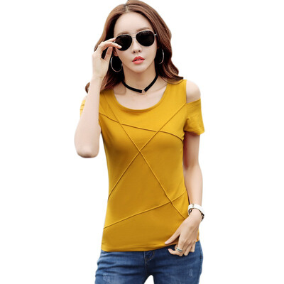 

Off Shoulder Women O-Neck T-shirts Short Sleeved Hollow Out T-shirt Solid Female Cotton Tees Tops Female -2L