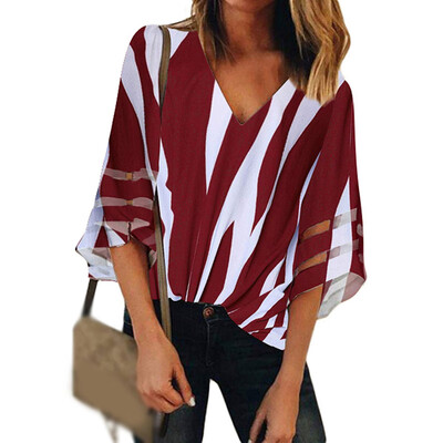 

Women Sexy V Neck Batwing Striped Chiffon Casual Blouse T-Shirt Lady Shirts Tops