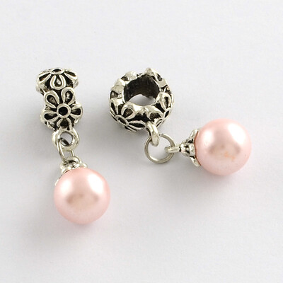 

Alloy European Dangle Beads with Round ABS Plastic Imitation Pearl Beads Antique Silver Pink 31mm Hole 6mm