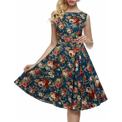 

Retro Hepburn Style Sleeveless Flower Print Dress Women Tunic Swing Dresses