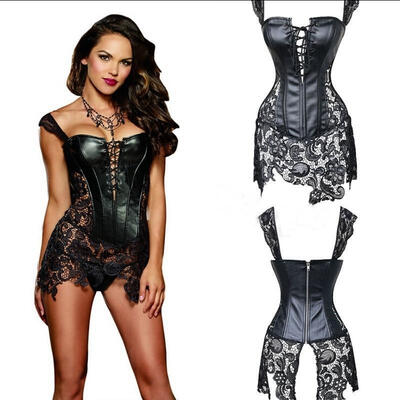 

Black Sexy Women Steel Boned Faux Leather Overbust Corset Steampunk Bustier