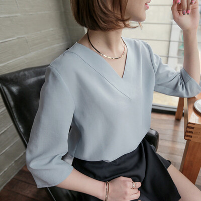 

Womens Business Casual Chiffon Blouse 3 Sleeve Loose Tunic Shirts V Neck Tops