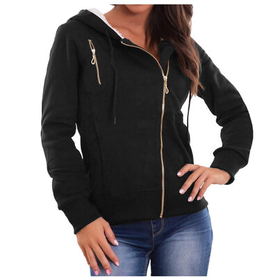 

Gobestart Women Fashion Solid Outerwear Pocket Jacket Zipper Long Sleeve Plush Hooded Coat