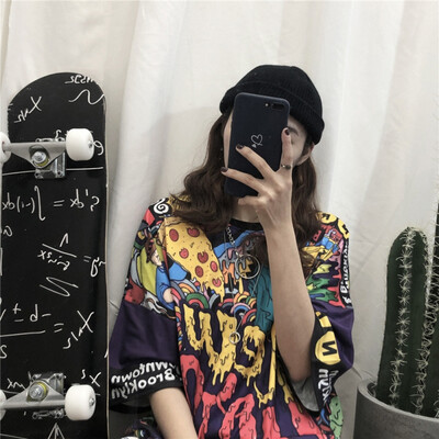 

Women Round Collar Summer Graffiti Harajuku Style Loose Short Sleeve Casual Simple Wild Medium Length T-Shirt