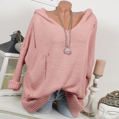 

Tailored Women Casual Solid Hooded Knitted Hollow Out Long Sleeve Sweater Top Blouse
