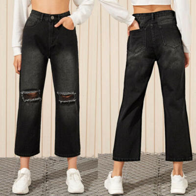

Women Black Straight Wide Leg Denim Trousers Ladies High Waist Long Jeans Pants