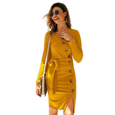 

Womens Long Sleeve V-Neck Casual Party Work Decorative Button Slim Dress