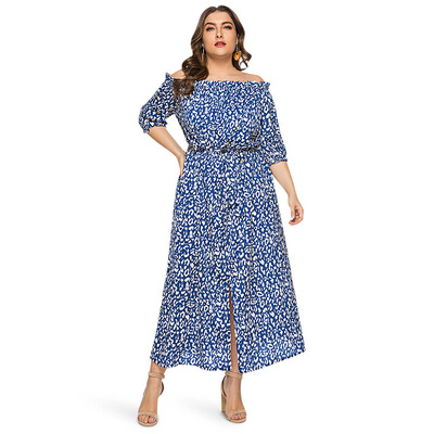 

Plus Size Off The Shoulder 34 Sleeve Leopard Print Belted Slit Women Maxi Dress