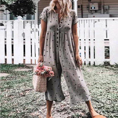 

Starmoon Women Casual Dot Printed Short Sleeve Button Opening Beach Loose Long Jumpsuit