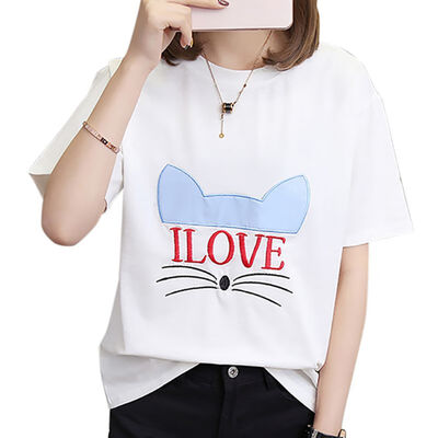 

EFINNY Summer New Cute Cat Embroidered Simple All Match Short Sleeve Female T-shirts  L XL XXL