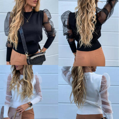 

Sexy Womens See through Lace Mesh Sheer Long Sleeve Crop Top T Shirt Blouse Tee