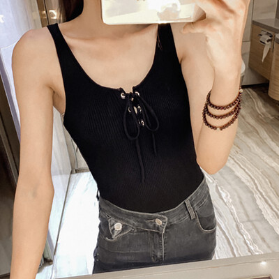 

2019 Summer Women Elegant New Style Fashion Design U Neck Sleeveless Lace Up Solid Vest Knitted Tank Top Womens Sleeveless Tops