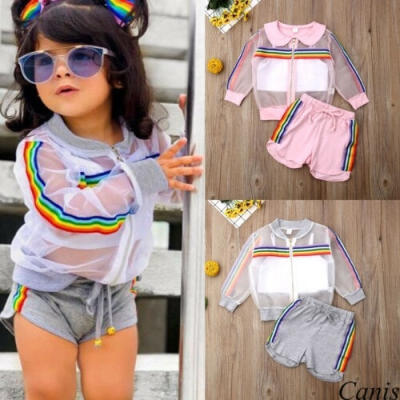 

Toddler Baby Girls Rainbow CoatVestShort Pants Summer 3pcs Outfit Clothes