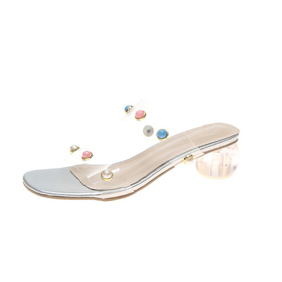 

Slippers women wear Joker Korean fashion rhinestone transparent word high heel crystal sandals