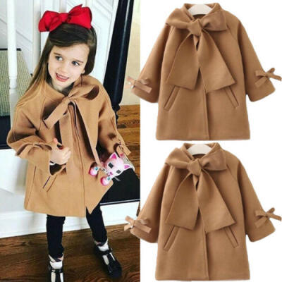 

Quality Girl Kids Front Big Butterfly Knotted Wool Coat Jacket Style Trench Coat