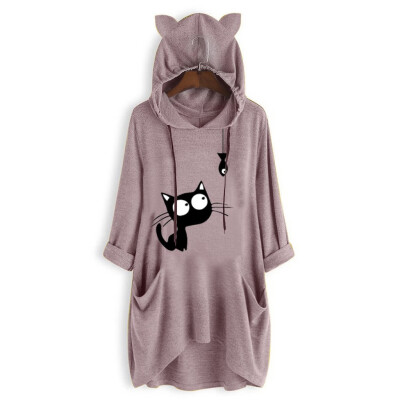 

Tailored Women Casual Print Cat Ear Hooded Long Sleeves Pocket Irregular Top Blouse Shirt