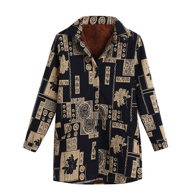 

Toponeto Women Cotton Linen Winter Warm Plus Velvet Coat Folk-Custom Print Outcoat Jacket