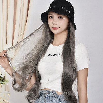 

Gobestart Hat Wig One Wig Female Long Curly Hair Big Wave Wig Set Hat