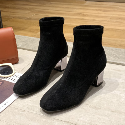 

Thin boots autumn&winter Korean version of thick heels high heels short boots short tube black square head Martin boots