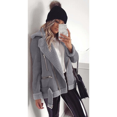 

Tailored Women Fashion Casual Zipper Wide Lapel Fleece Long Sleeve Pure Color Jacket coat
