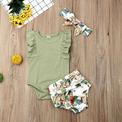 

Newborn Infant Baby Girls Clothes Ruffle Sleeve Romper Floral Shorts Outfit