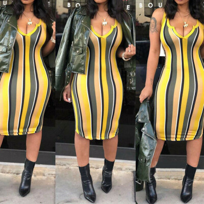 

Womens Strips Sleeveless Strappy Midi Dress Bodycon Tube Top Plus Size Sexy