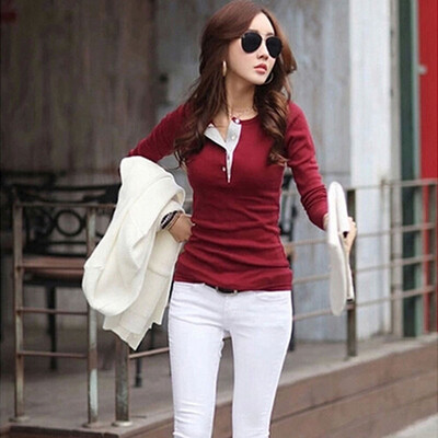 

Korean Women Long Sleeve Button Cotton T-Shirts Casual Slim Tops