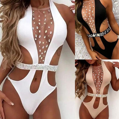 

Women Sexy One Piece Swimsuit Handmade Crystal Rhinestone Monokini Halter Cut Out Bathing Suit