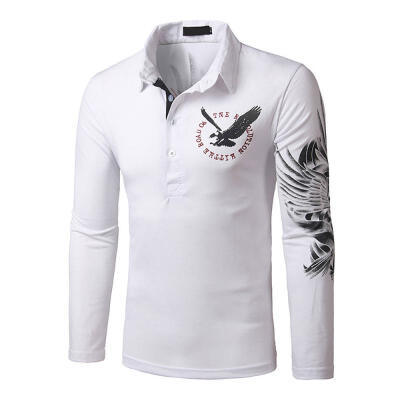 

Spring Autumn Fashion Eagle Print Pattern Mens Long Sleeve T-Shirt Casual Turn-Down Collar Male T-Shirt Tee Top