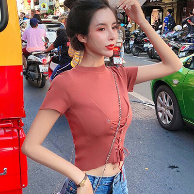 

Womens O Neck Solid Short Sleeve Knitted Lace Up Crop Top