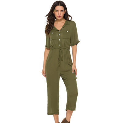 

2019 Women Solid Cotton Jumpsuits Fashion Casual Pocket Elbow Sleeve Lady Ninth Pants