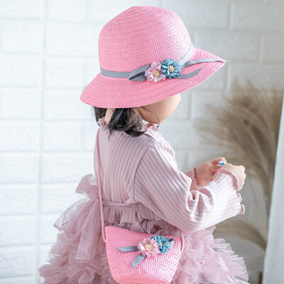 

Cute Flower Bowknot Kids Straw Hat Straw Crossbody Bag Set Baby Outdoor Sun Hat Summer Beach Straw Cap Straw Rattan Bag