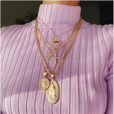 

Vintage Leaf Cross Heart Pyramid Ancient Egyptian Pharaoh Pendant Multilayer Gold Necklace Punk Lady Jewelry Women Necklace Set