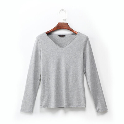 

CANVAUS Spring Autumn Women Cotton Solid Slim V-neck Long Sleeve T-shirt Simple Casual Office Lady Undershirt Tops F197A