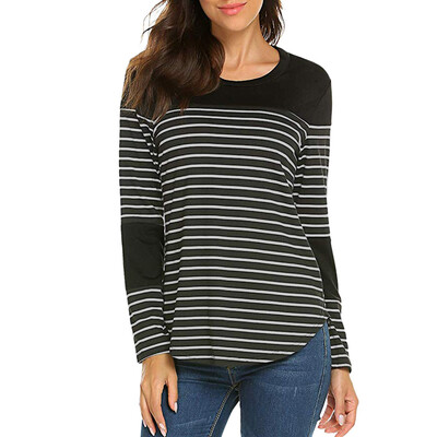 

Nomeni Women Autumn Long Sleeve O Neck Striped Patchwork Pullover TShirt Tops Blouse