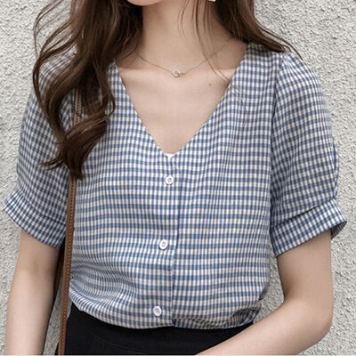 

blusas mujer de moda 2018 Female Blouse Shirt Short Sleeve Plaid Women Shirts V Neck Casual Blusa Feminina Lady Clothing