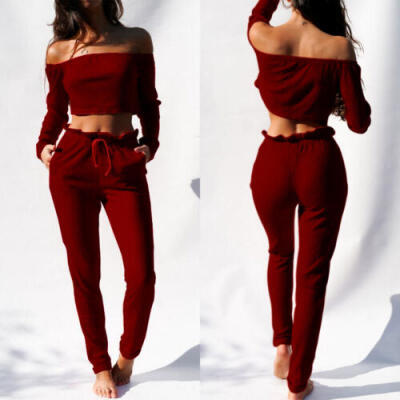 

Womens Off Shoulder Crop Tops Leggings Pants Outfits Jumpsuit 2pcs Set Playsuit