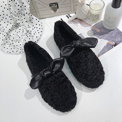 

Wool single shoe woman wears butterfly knot flat sole lamb wool&Muller shoes in winter