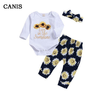

US Newborn Baby kid Girl Sunflower Tops RomperLong Pants Hat Outfit Set Clothes