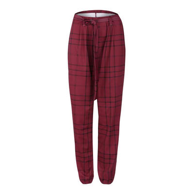 

Plaid Pants Women Casual High Waist Lace-up Tunic Slim Fit Daily Trousers
