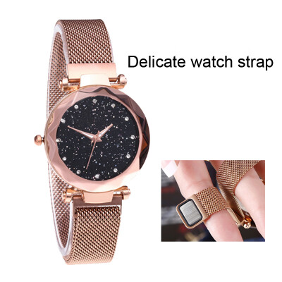 

Fashion Stainless Steel High-end Starry Glass Surface Wrist Bracelet Magnet Stone Mesh Belt Women Watch