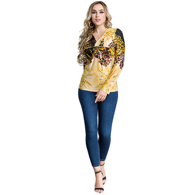 

Fashion Women Plus Size Leopard Print V Neck Long Sleeve T-Shirt Twisted Front Oversize Tops Pullover Yellow